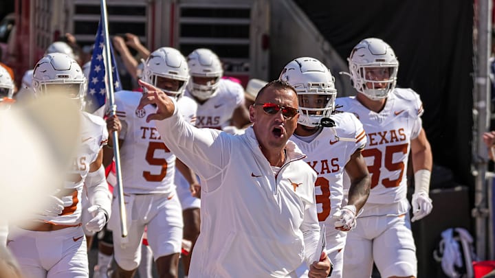 Texas Longhons head coach Steve Sarkisian leads his team onto the field ahead of the Red River Rivalry game against Oklahoma at the Cotton Bowl on Saturday, Oct. 12, 2024 in Dallas, Texas.