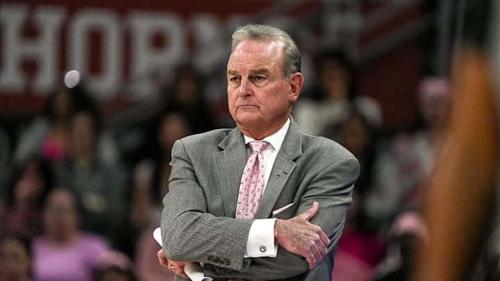Texas Longhorns head coach Vic Schaefer walks the sideline during the game against LSU at the Moody Center on Sunday, Feb. 16, 2025.