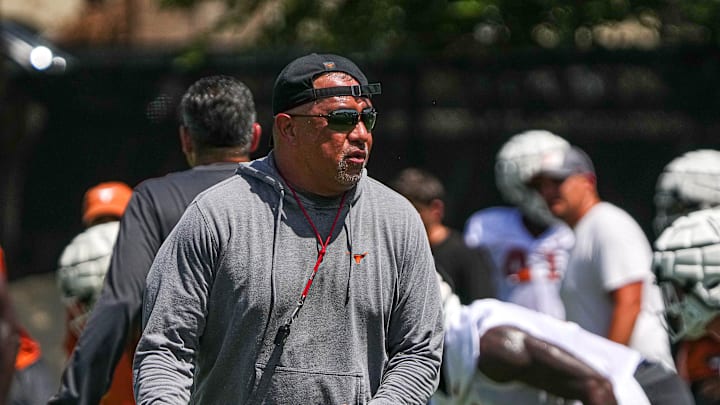 Johnny Nansen, co-defensive coordinator for the Texas Longhorns, gives directions during practice at Frank Denius Fields on Thursday, Aug. 1, 2024 in Austin.