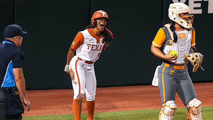 Texas Longhorns outfielder Kayden Henry (21) celebrates a score during the game against Tennessee at Red & Charline McCombs Field on Friday, April 11, 2025 in Austin.