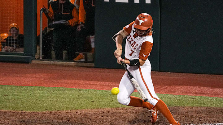 Texas Longhorns outfielder Ashton Maloney (7) swings at a pitch during the game against Tennessee at Red & Charline McCombs Field on Friday, April 11, 2025 in Austin. Texas Longhorns outfielder Ashton Maloney (7) swings at a pitch during the game against Tennessee at Red & Charline McCombs Field on Friday, April 11, 2025 in Austin.