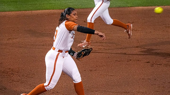 Texas Longhorns utility player Mia Scott (10) throws the ball to first during the game against Tennessee at Red & Charline McCombs Field on Friday, April 11, 2025 in Austin. Texas Longhorns utility player Mia Scott (10) throws the ball to first during the game against Tennessee at Red & Charline McCombs Field on Friday, April 11, 2025 in Austin.