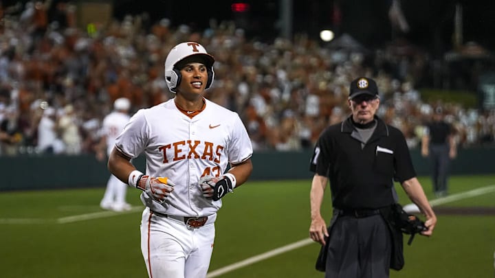 Texas Longhorns outfielder Tommy Farmer IV (43) runs to the dugout after a home run during the Lone Star Showdown against Texas A&M at UFCU Disch-Falk Field on Friday, April 25, 2025.