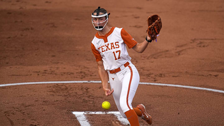 Texas Longhorns pitcher Teagan Kavan (17) throws a pitch during the game against Kentucky at Red & Charline McCombs Field on Thursday, May 1, 2025 in Austin. Texas Longhorns pitcher Teagan Kavan (17) throws a pitch during the game against Kentucky at Red & Charline McCombs Field on Thursday, May 1, 2025 in Austin.