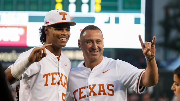 Texas Longhorns head football coach Steve Sarkisian takes a photo with pitcher Jonah Williams (55) ahead of the Lone Star Showdown against Texas A&M at UFCU Disch-Falk Field on Friday, April 25, 2025.