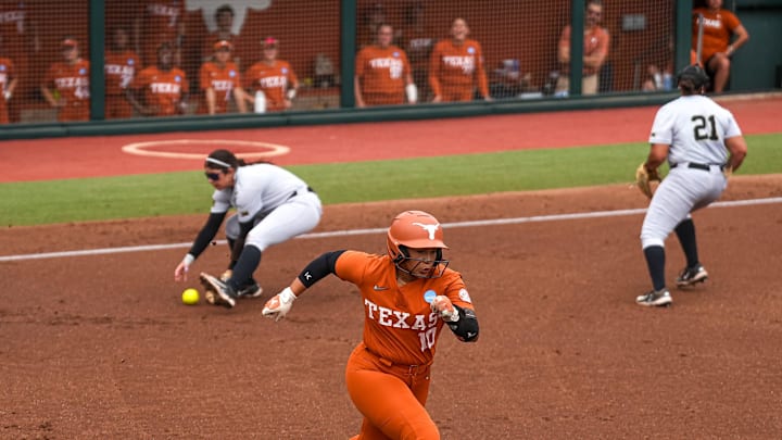 Texas Longhorns infielder Mia Scott (10) runs to first during the NCAA D1 Softball Tournament Regional against UCF at Red and Charline McCombs Field on Sunday, May 18, 2025 in Austin, Texas.