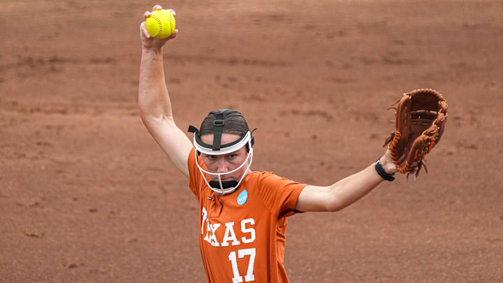 Texas Longhorns pitcher Teagan Kavan (17) throws a pitch during the NCAA D1 Softball Tournament Regional against UCF at Red and Charline McCombs Field on Sunday, May 18, 2025 in Austin, Texas.