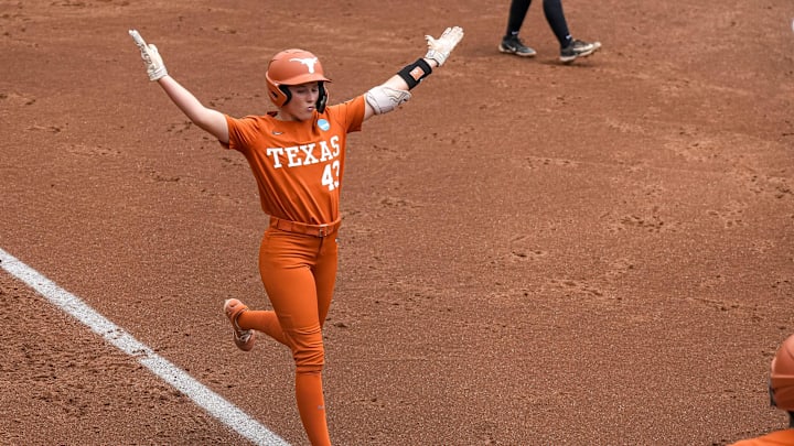 Texas Longhorns infielder Leighann Goode (43) celebrates a home run during the NCAA D1 Softball Tournament Regional against UCF at Red and Charline McCombs Field on Sunday, May 18, 2025 in Austin, Texas.