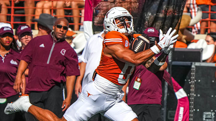 Texas Longhorns receiver DeAndre Moore Jr. (0) makes a catch that would be a touchdown during the game against Mississippi State at Darrell K Royal-Texas Memorial Stadium in Austin Saturday, Sept. 28, 2024.