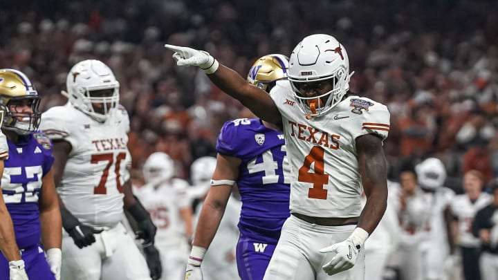 Texas Longhorns running back CJ Baxter (4) celebrates a first down during the Sugar Bowl College