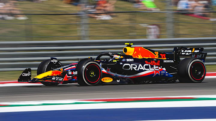 Oracle Red Bull Racing driver Sergio Perez rounds turn 17 during the first F1 practice at Circuit of