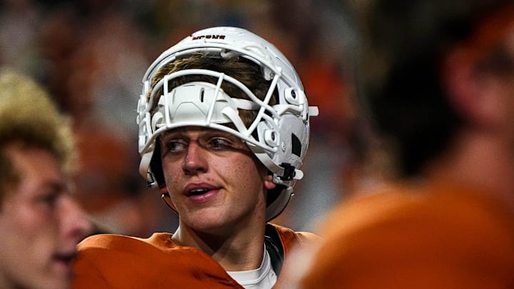Sep 14, 2024; Austin, Texas, USA; Texas Longhorns quarterback Arch Manning (16) walks the field after the win over UTSA  at Darrell K Royal–Texas Memorial Stadium.