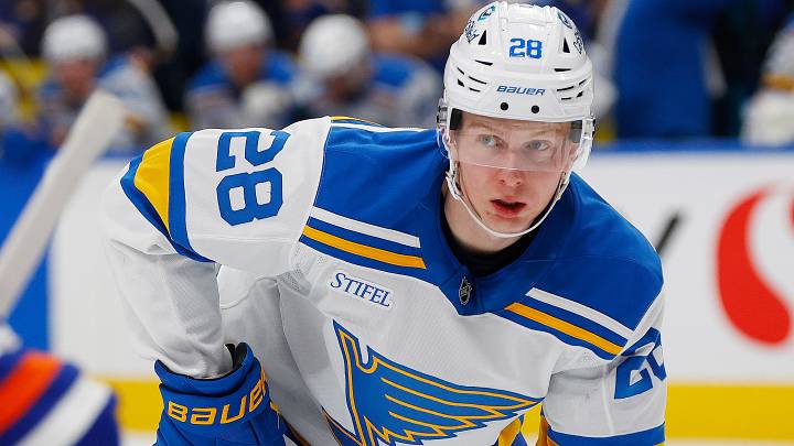 Jan 18, 2026; Edmonton, Alberta, CAN; St. Louis Blues forward Otto Stenberg (28) gets ready for a face-off against the Edmonton Oilers at Rogers Place. Mandatory Credit: Perry Nelson-Imagn Images