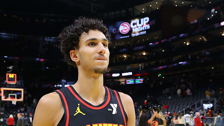 Atlanta Hawks forward Zaccharie Risacher after an NBA cup game against the Cleveland Cavaliers.