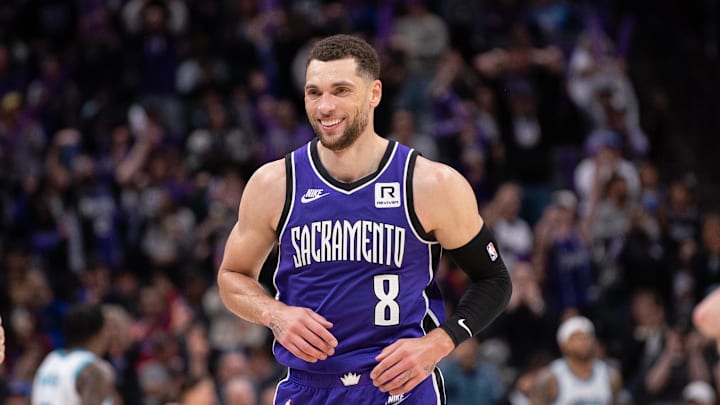 Feb 24, 2025; Sacramento, California, USA; Sacramento Kings guard Zach LaVine (8) reacts after scoring against the Charlotte Hornets during the fourth quarter at Golden 1 Center. Mandatory Credit: Ed Szczepanski-Imagn Images