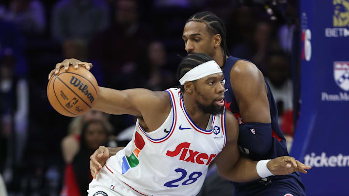 Philadelphia 76ers forward Guerschon Yabusele drives against Washington Wizards forward Alex Sarr. Mandatory Credit: Bill Streicher-Imagn Images Philadelphia 76ers forward Guerschon Yabusele drives against Washington Wizards forward Alex Sarr. Mandatory Credit: Bill Streicher-Imagn Images