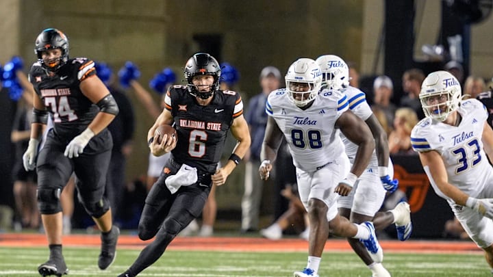 Oklahoma State quarterback Zane Flores (6) runs the ball in the second quarter during an NCAA football game between Oklahoma State (OSU) and Tulsa at Boone Pickens Stadium in Stillwater, Okla., on Friday, Sept. 19, 2025. Oklahoma State quarterback Zane Flores (6) runs the ball in the second quarter during an NCAA football game between Oklahoma State (OSU) and Tulsa at Boone Pickens Stadium in Stillwater, Okla., on Friday, Sept. 19, 2025.