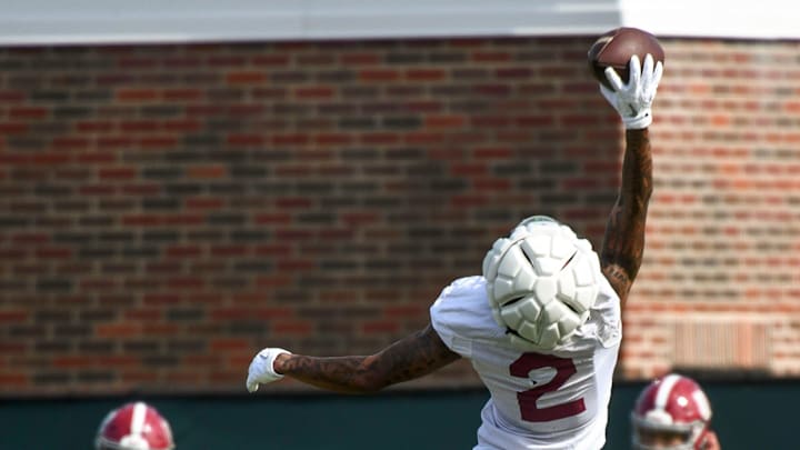 The Crimson Tide works out on the first day of practice for the 2024 season Wednesday, July 31, 2024. Alabama wide receiver Ryan Williams (2) makes a one-hand catch.