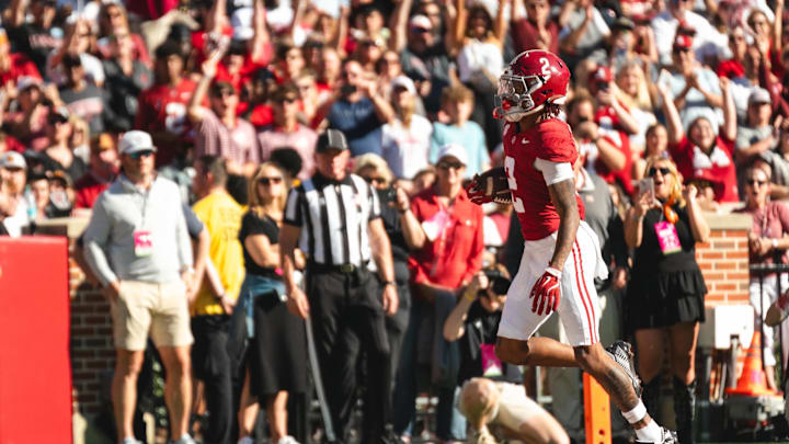 Nov 16, 2024; Tuscaloosa, Alabama, USA; Alabama Crimson Tide wide receiver Ryan Williams (2) scores a touchdown against the Mercer Bears during the first quarter at Bryant-Denny Stadium. Mandatory Credit: Will McLelland-Imagn Images