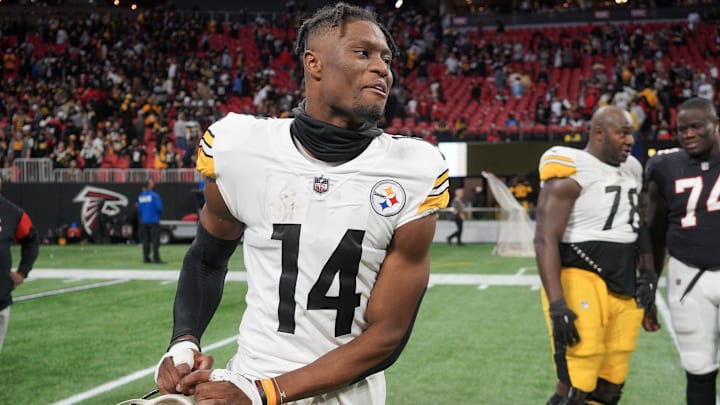 Dec 4, 2022; Atlanta, Georgia, USA; Pittsburgh Steelers wide receiver George Pickens (14) celebrates after a victory against the Atlanta Falcons at Mercedes-Benz Stadium. Mandatory Credit: Brett Davis-Imagn Images