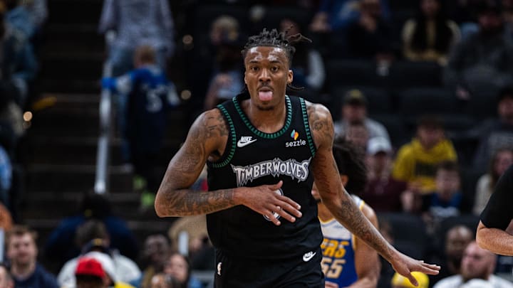 Apr 7, 2026; Indianapolis, Indiana, USA; Minnesota Timberwolves guard Bones Hyland (8) celebrates after a basket in the second half against the Indiana Pacers at Gainbridge Fieldhouse. Mandatory Credit: Trevor Ruszkowski-Imagn Images