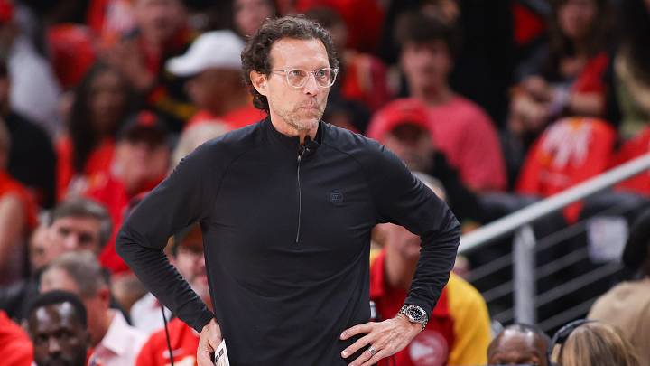 Apr 23, 2026; Atlanta, Georgia, USA; Atlanta Hawks head coach Quin Snyder on the sideline against the New York Knicks in the first quarter during game three of the first round of the 2026 NBA Playoffs at State Farm Arena. Mandatory Credit: Brett Davis-Imagn Images