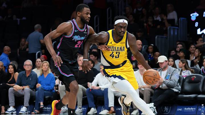 Dec 27, 2025; Miami, Florida, USA; Indiana Pacers forward Pascal Siakam (43) drives to the basket against Miami Heat forward Andrew Wiggins (22) during the first half at Kaseya Center. Mandatory Credit: Sam Navarro-Imagn Images Dec 27, 2025; Miami, Florida, USA; Indiana Pacers forward Pascal Siakam (43) drives to the basket against Miami Heat forward Andrew Wiggins (22) during the first half at Kaseya Center. Mandatory Credit: Sam Navarro-Imagn Images