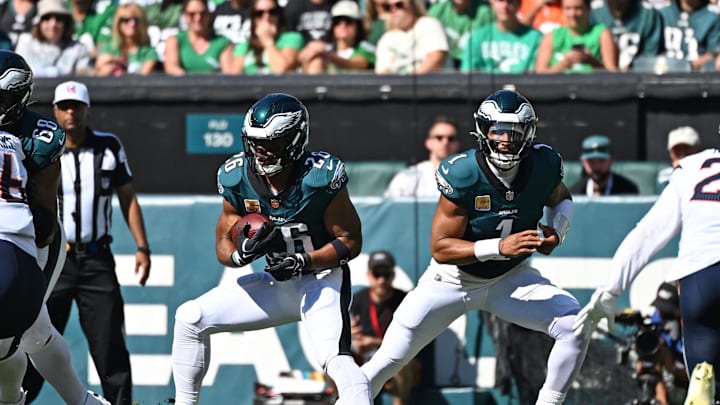 Oct 5, 2025; Philadelphia, Pennsylvania, USA; Philadelphia Eagles running back Saquon Barkley (26) looks for room to run during the first quarter against the Denver Broncos at Lincoln Financial Field. Oct 5, 2025; Philadelphia, Pennsylvania, USA; Philadelphia Eagles running back Saquon Barkley (26) looks for room to run during the first quarter against the Denver Broncos at Lincoln Financial Field.