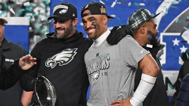 Jan 26, 2025; Philadelphia, PA, USA; Philadelphia Eagles head coach Nick Sirianni and quarterback Jalen Hurts (1) after defeating the Washington Commanders in the NFC Championship game at Lincoln Financial Field. Mandatory Credit: Eric Hartline-Imagn Images