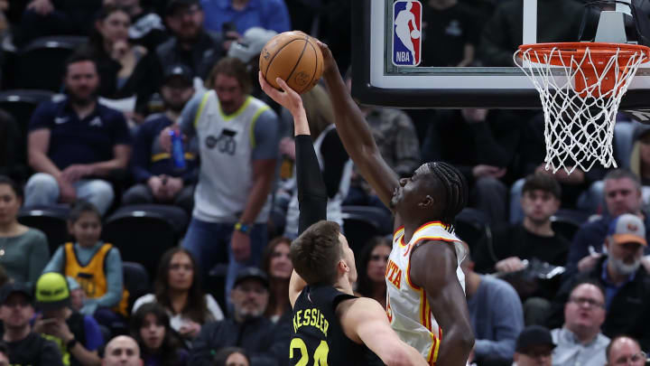 Mar 15, 2024; Salt Lake City, Utah, USA; Atlanta Hawks center Clint Capela (15) blocks the shot of Utah Jazz center Walker Kessler (24) during the second quarter at Delta Center. Mandatory Credit: Rob Gray-USA TODAY Sports