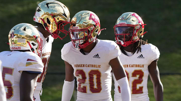 Montvale, NJ -- October 26, 2024 -- Xavier Jackson of Bergen Catholic after he returned this interception for a TD late in the game, as St. Joseph hosted Bergen Catholic in the battle of the number 6 and number 1 ranked teams in the USA Today NJ poll. Bergen won the game 28-17.