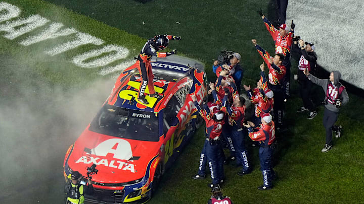 William Byron celebrates winning the Daytona 500 at Daytona International Speedway, Sunday, Feb. 16, 2025.