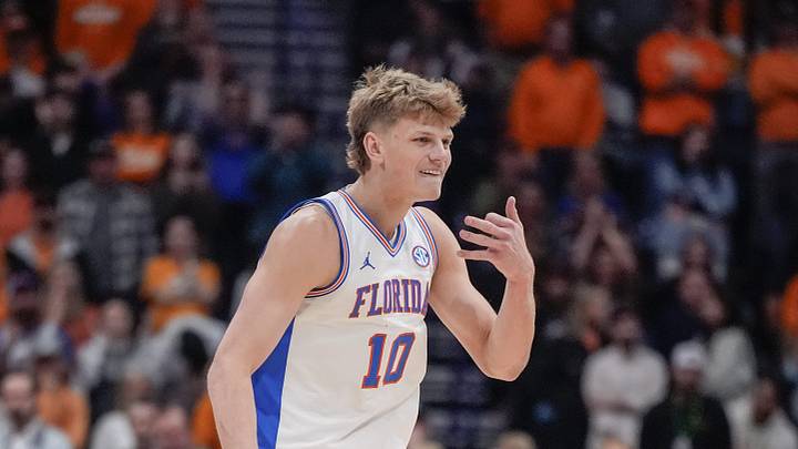 Florida forward Thomas Haugh (10) celebrates a three pointer against Tennessee during the second half of the Southeastern Conference tournament championship at Bridgestone Arena in Nashville, Tenn., Sunday, March 16, 2025. Florida forward Thomas Haugh (10) celebrates a three pointer against Tennessee during the second half of the Southeastern Conference tournament championship at Bridgestone Arena in Nashville, Tenn., Sunday, March 16, 2025.