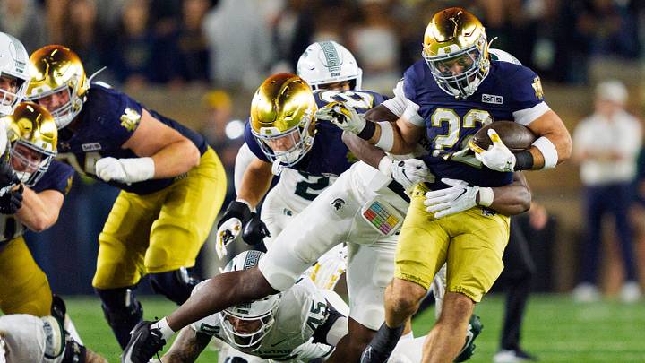 Notre Dame running back Aneyas Williams (22) rushes the ball during a NCAA football game against Michigan State at Notre Dame Stadium on Saturday, Sept. 19, 2026, in South Bend. Notre Dame running back Aneyas Williams (22) rushes the ball during a NCAA football game against Michigan State at Notre Dame Stadium on Saturday, Sept. 19, 2026, in South Bend.