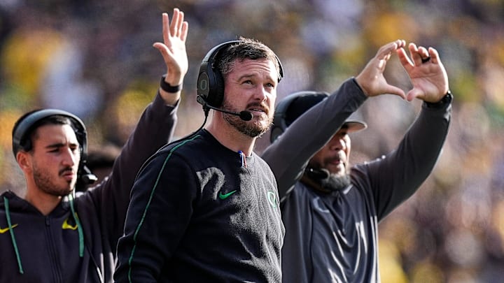 Oregon head coach Dan Lanning watches a play against Michigan during the first half at Michigan Stadium in Ann Arbor on Saturday, Nov. 2, 2024.