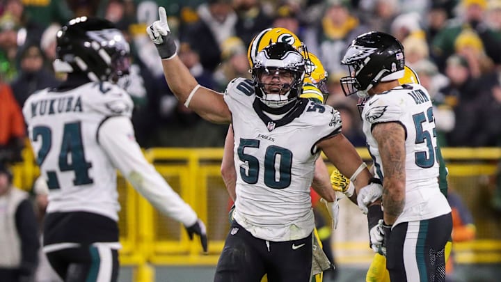 Philadelphia Eagles linebacker Jaelan Phillips (50) reacts after the Eagles recover a fumble by Green Bay Packers running back Josh Jacobs on Monday, November 10, 2025, at Lambeau Field in Green Bay, Wis. The Eagles won the game, 10-7.
Tork Mason/USA TODAY NETWORK-Wisconsin