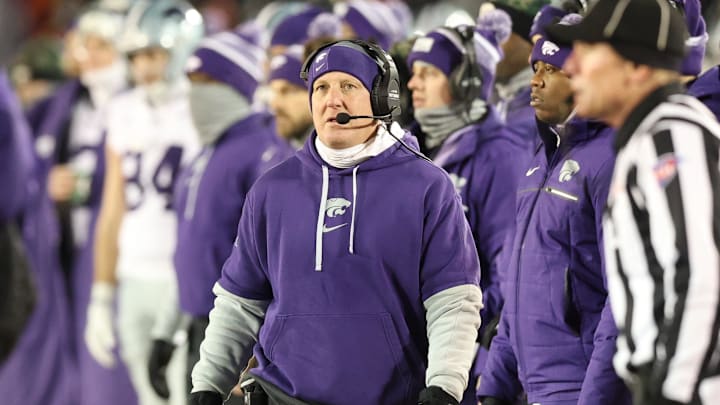 Nov 30, 2024; Ames, Iowa, USA; Kansas State Wildcats head coach Chris Klieman watches his team play the Iowa State Cyclones in the first quarter at at Jack Trice Stadium. Mandatory Credit: Reese Strickland-Imagn Images
