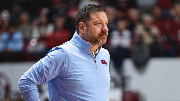 Jan 14, 2025; Tuscaloosa, Alabama, USA; Mississippi Rebels head coach Chris Beard watches the game from the bench during the second half against the Alabama Crimson Tide at Coleman Coliseum. Mandatory Credit: Will McLelland-Imagn Images