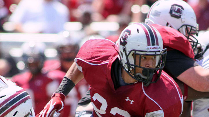 Apr 14, 2012; Columbia, SC, USA South Carolina Gamecocks tailback Brandon Wilds (22) runs the ball during the first quarter at the Garnet and Black spring game at Williams Brice Stadium. Mandatory Credit: Jeremy Brevard-Imagn Images