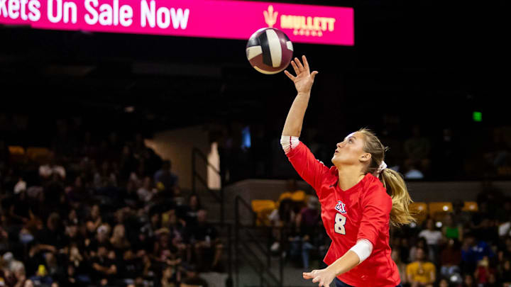 Arizona Wildcats women's volleyball defensive specialist Haven Wray (8) hits the ball against the Arizona State Sun Devils at Mullett Arena in Tempe on Sept. 21, 2023.