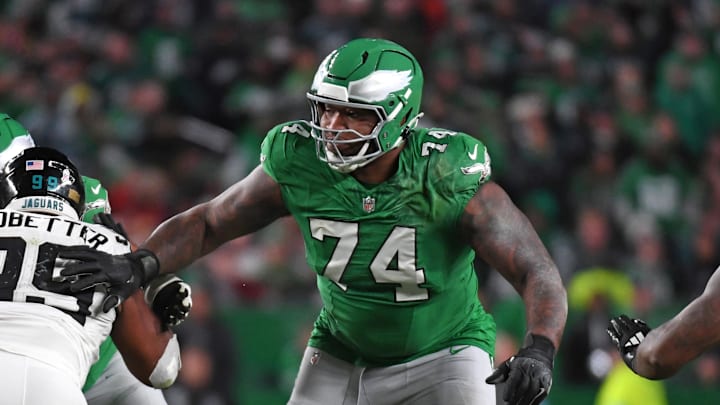 Nov 3, 2024; Philadelphia, Pennsylvania, USA; Philadelphia Eagles offensive tackle Fred Johnson (74) locks against the Jacksonville Jaguars at Lincoln Financial Field. Mandatory Credit: Eric Hartline-Imagn Images