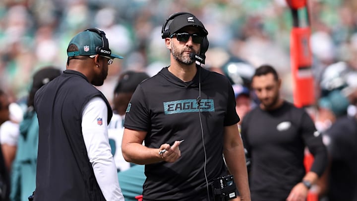 Sep 21, 2025; Philadelphia, Pennsylvania, USA; Philadelphia Eagles head coach Nick Sirianni  during the first half at Lincoln Financial Field. Mandatory Credit: Bill Streicher-Imagn Images