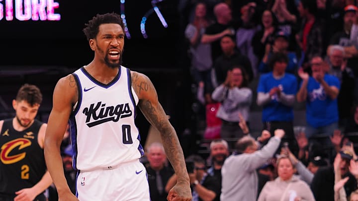 Mar 19, 2025; Sacramento, California, USA; Sacramento Kings guard Malik Monk (0) celebrates after a basket against the Cleveland Cavaliers during the fourth quarter at Golden 1 Center. Mandatory Credit: Kelley L Cox-Imagn Images Mar 19, 2025; Sacramento, California, USA; Sacramento Kings guard Malik Monk (0) celebrates after a basket against the Cleveland Cavaliers during the fourth quarter at Golden 1 Center. Mandatory Credit: Kelley L Cox-Imagn Images