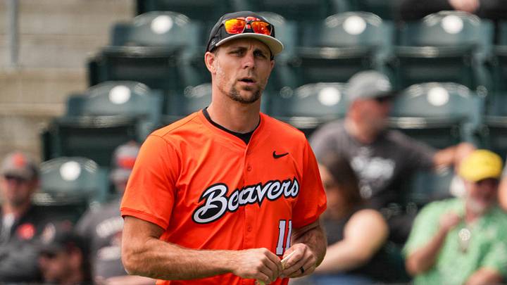 Oregon State head coach Mitch Canham walks to the dugout before game three of the NCAA Eugene Regional Baseball Tournament at PK Park on Saturday, May 30, 2026 in Eugene, Ore.