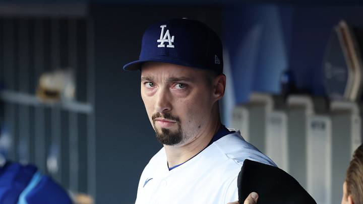 Los Angeles, California, USA;  Los Angeles Dodgers pitcher Blake Snell (7) looks on from the dugout before game three of the NLCS for the 2026 MLB Playoffs against the Milwaukee Brewers at Uniqlo Field at Dodger Stadium.  Mandatory Credit: Kiyoshi Mio-Imagn Images