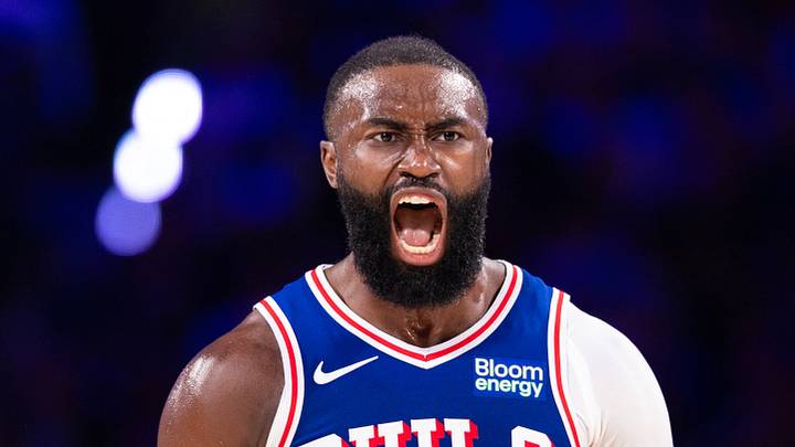 Philadelphia 76ers guard Jaylen Brown (7) reacts after a score against the Cleveland Cavaliers during the fourth quarter at Xfinity Mobile Arena on Oct. 22, 2026.