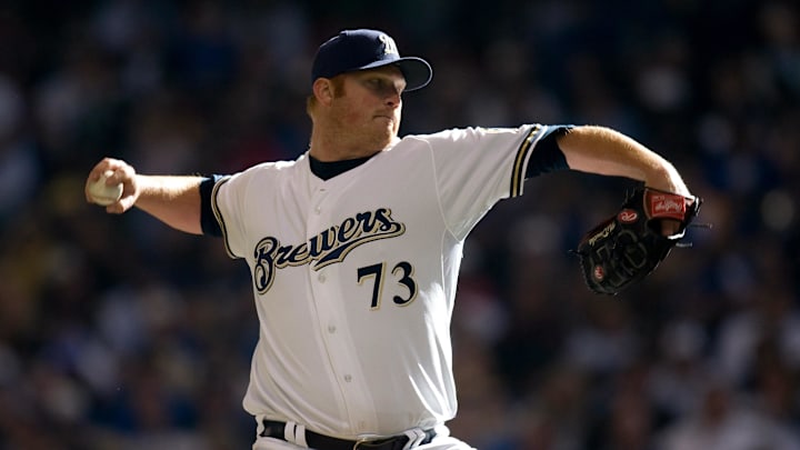 Apr 10, 2009; Milwaukee, WI, USA; Milwaukee Brewers relief pitcher Seth McClung (73) pitches  during the game against the Chicago Cubs at Miller Park.  The Brewers defeated the Cubs 4-3.  Mandatory Credit: Jeff Hanisch-Imagn Images
