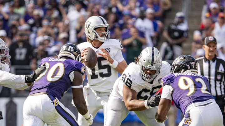 Sep 15, 2024; Baltimore, Maryland, USA;  Las Vegas Raiders quarterback Gardner Minshew (15) looks to pass from the pocket during the second half against the Baltimore Ravens at M&T Bank Stadium. Mandatory Credit: Tommy Gilligan-Imagn Images