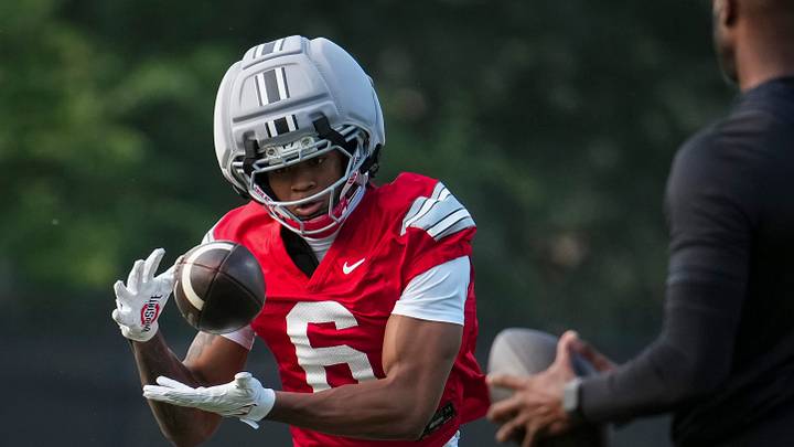 Ohio State Buckeyes wide receiver Jerquaden Guilford (6) makes a catch during the first practice of training camp at the Woody Hayes Athletic Center in Columbus on Aug. 6, 2026. Ohio State Buckeyes wide receiver Jerquaden Guilford (6) makes a catch during the first practice of training camp at the Woody Hayes Athletic Center in Columbus on Aug. 6, 2026.