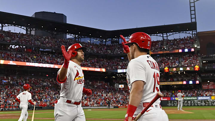 May 3, 2023; St. Louis, Missouri, USA;  St. Louis Cardinals center fielder Dylan Carlson (3) is congratulated by shortstop Tommy Edman (19) after hitting a two run home run against the Los Angeles Angels during the fourth inning at Busch Stadium. Mandatory Credit: Jeff Curry-USA TODAY Sports
